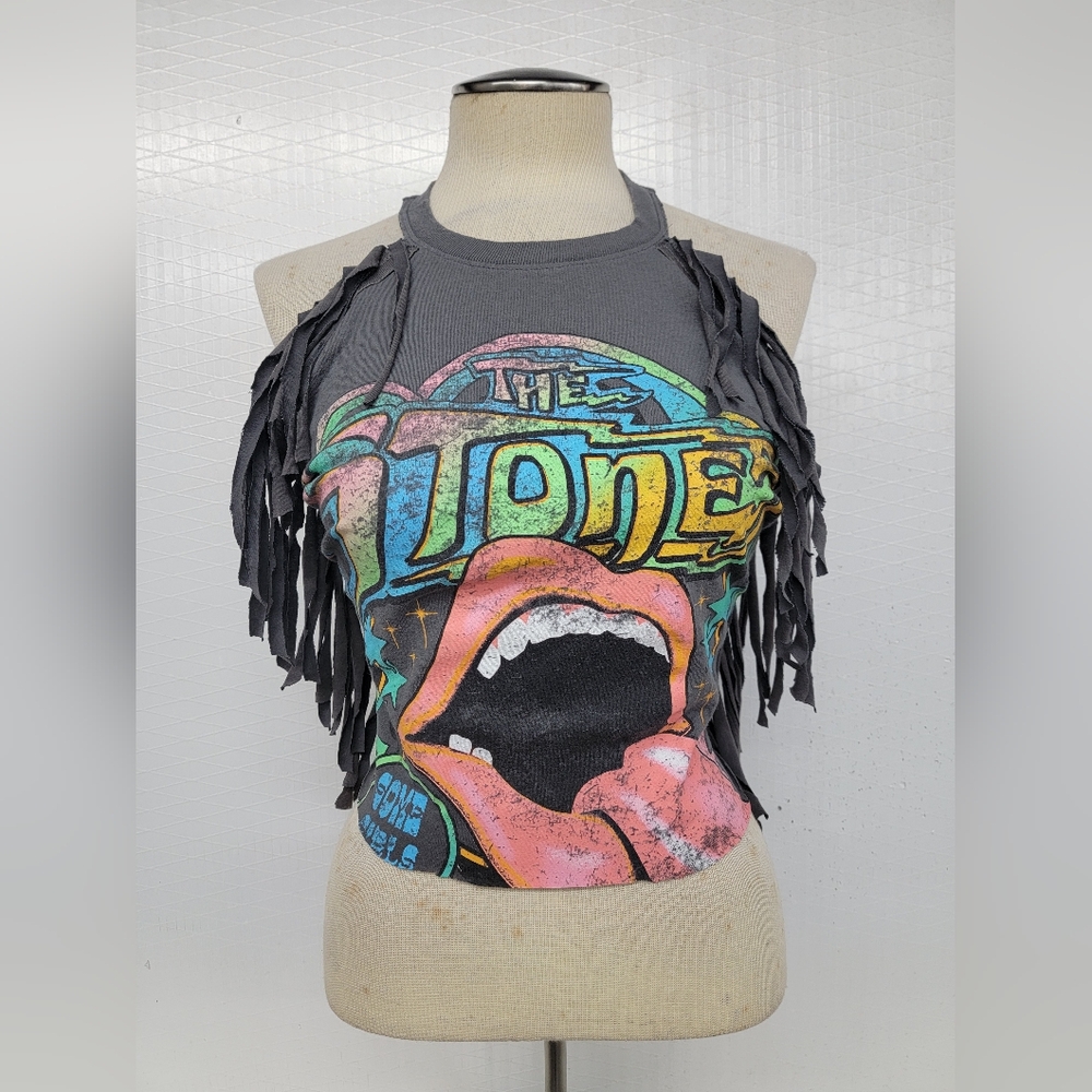 Rolling Stone Fringe Halter Top Upcycled Retro Band Merc